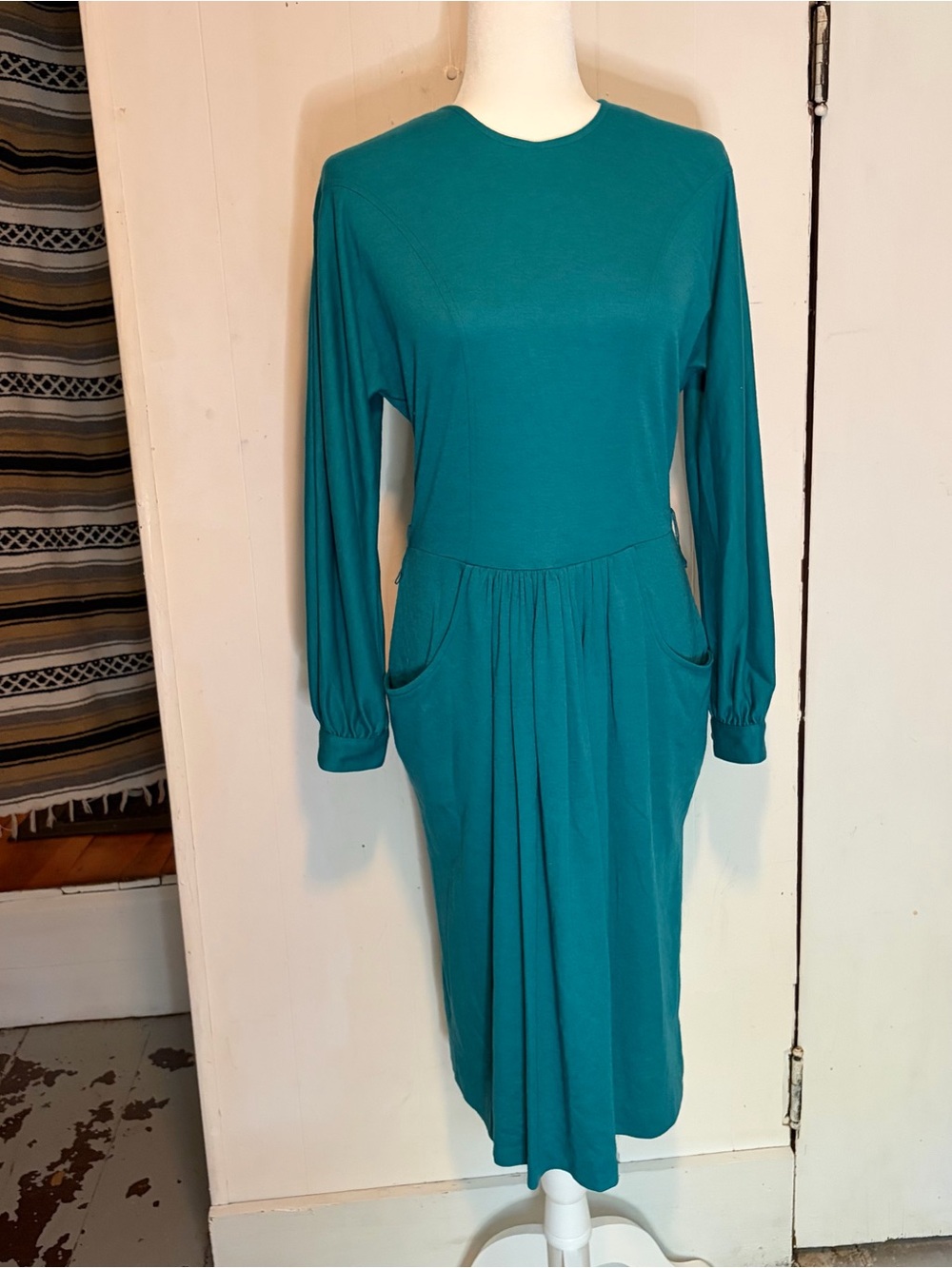 Teal Long Sleeve Midi Dress with Pockets
